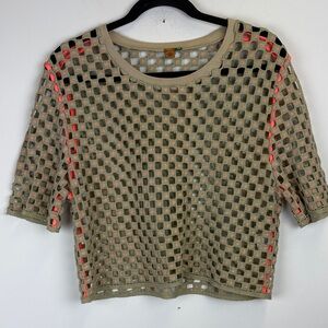 Farm Rio Open-Knit Cropped Top With coral Accents Size Large